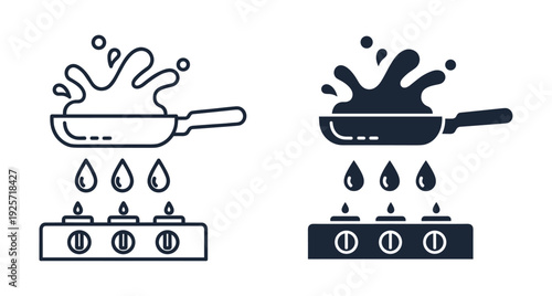 Icon set showing skillet heating on a gas range with food splashing upwards