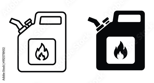 Set of outline and solid fuel jerrycan icons for gasoline storage and flammable liquid