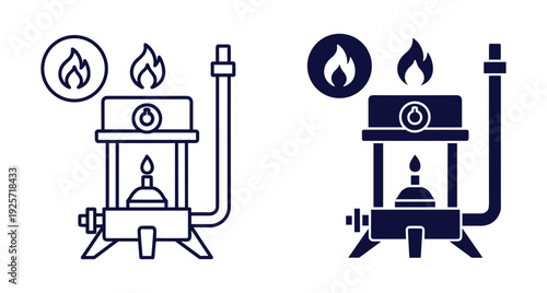 Set of outline and solid gas burner icons with fire flame for heating