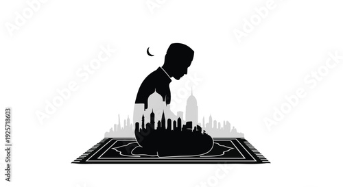 Ramadan silhouette of a man praying on a rug with cityscape