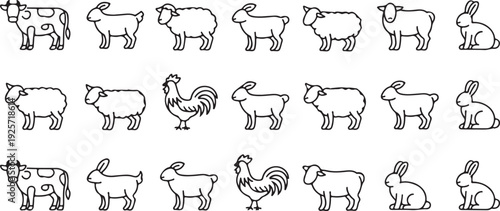 Line of Farm Animals Including Cows Sheep Rabbits and Roosters