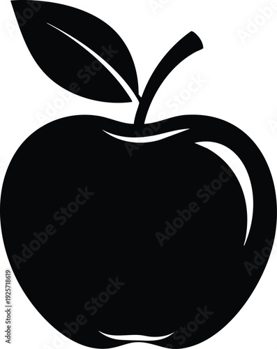 Black silhouette of a ripe apple with a leaf and stem on a white background fruit