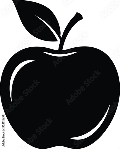 Black silhouette of a single apple with a leaf and stem on a white background fruit