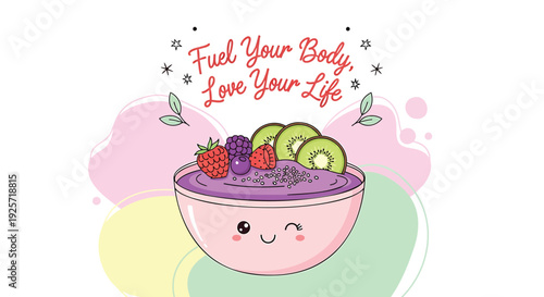 Cute cartoon bowl of oatmeal with fruit and motivational quote