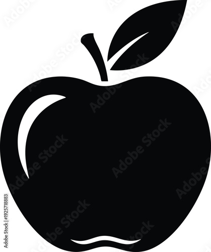Black silhouette of an apple with a stem and leaf on a white background fruit symbol