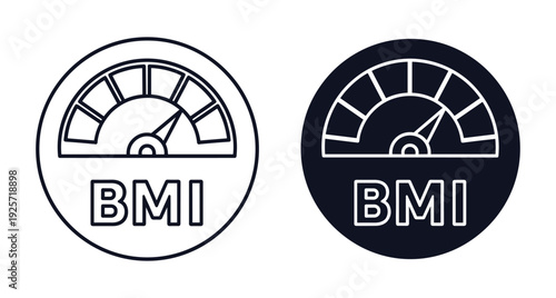 Two circular icons showing a BMI meter with needle for fitness and health