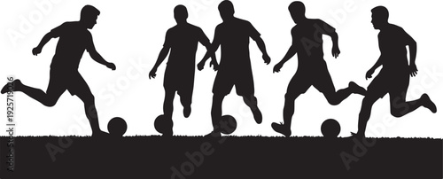 Silhouettes of athletes running with soccer balls on a field. isolated on transparent background, Vector