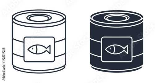 Minimalist vector icons representing canned seafood products in both line and solid styles