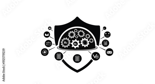 Cybersecurity shield with gears and icons, protection concept