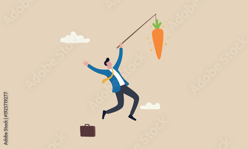 Motivation incentive motivate employee, reward or trick to influence people or manipulation concept, seduced businessman jump in the air to catch tempting carrot baiting lure from the stick.