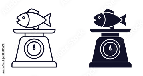 Outline and solid icons of a fish being weighed on a manual kitchen scale