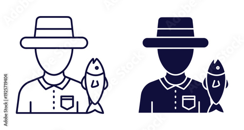 Professional fisherman avatar icons featuring male character with a hat and fresh fish