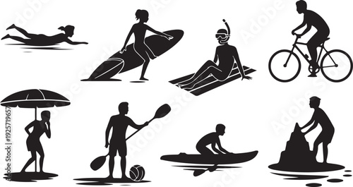 A diverse collection of people silhouettes enjoying various summer activities like swimming and cycling