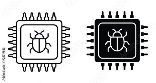 Set of outline and solid icons showing a bug inside a computer processor chip