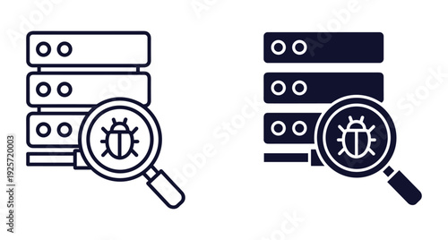 Two icons showing a server database being scanned for bugs and security vulnerabilities