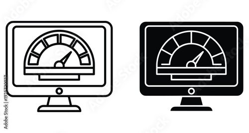 Digital screen displaying a gauge meter for measuring internet speed and computer processing power