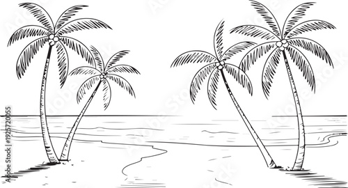 A simple black and white outline drawing showing a tranquil tropical beach with palm trees