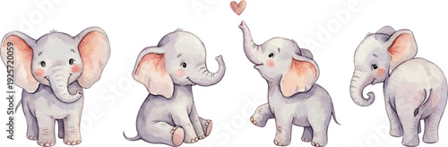 Watercolor baby elephants clipart set for nursery