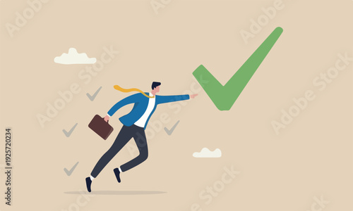 Checklist or checkbox to, check mark or accomplishment, tick to do list or task management, report or vote approval concept, businessman superhero flying with checkmark completion