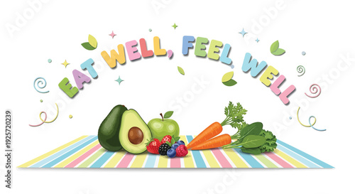 Healthy food vector illustration with 'Eat well, feel well' text