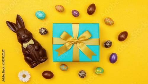 Chocolate Easter bunny and gift box with eggs on yellow background chocolate bunny Easter eggs