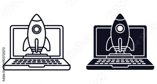 Digital startup concept featuring rocket ship taking off from a laptop computer screen