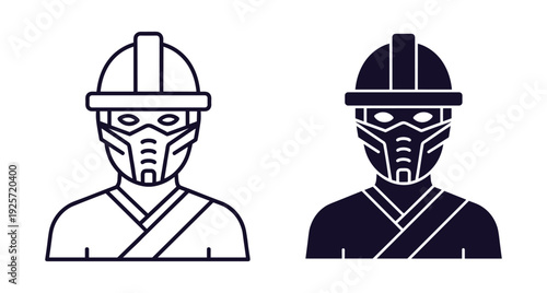 a ninja or shinobi wearing a traditional pleated face mask and a hat. This design blends ancient warrior aesthetics