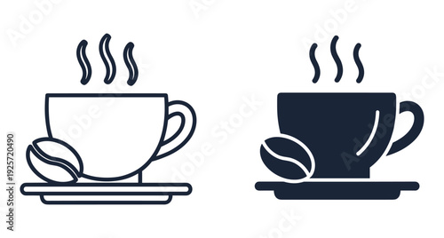 Minimalist coffee cup icons featuring steam and a single bean on saucer plate
