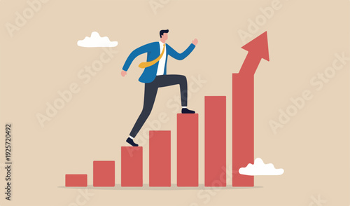 Career advancement, development business growth, progress more responsibility salary promotion, improvement opportunity concept, success businessman up growing bar graph stairs