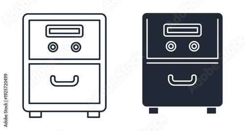 Minimalist line and solid icons representing metal filing cabinet for office document storage