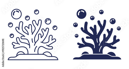 Vector illustration of coral reef icons featuring outline and solid styles with bubbles