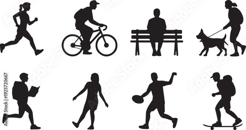 Collection of black silhouettes illustrating various people engaging in diverse outdoor and leisure activities