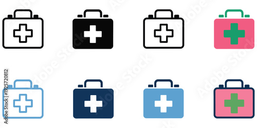 Multiple style medical bag vector icon collection, including first aid kit and healthcare case symbols, ideal for hospitals, clinics, emergency response, medical apps, health awareness campaigns, and 