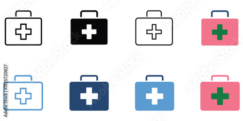 Medical bag icon set in multiple styles, vector illustrations featuring first aid kit, healthcare case, and emergency medicine bag symbols, perfect for medical services, hospital design