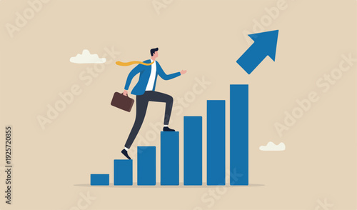 Career advancement, development or business growth, progress to more responsibility, salary job promotion, improvement opportunity concept, success businessman step up growing bar graph stairs