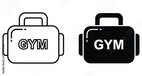 Minimalist gym bag icon set including outline and solid black sports duffel bag versions