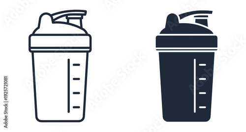 Two protein shaker bottle icons in outline and solid style for fitness gym
