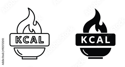Minimalist vector icons representing metabolism and calorie burning with bowl and fire symbol