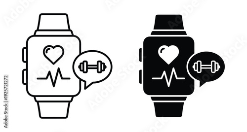 Digital wearable device icons showing cardiovascular health monitoring and strength training exercise progress