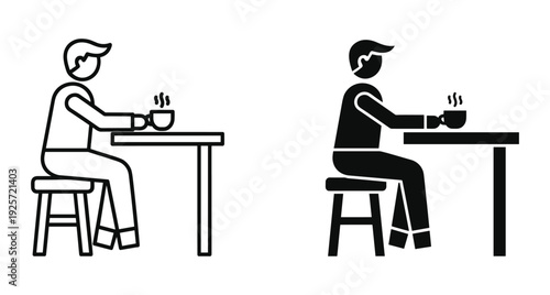 Person sitting on stool at table holding cup of hot beverage vector icon set
