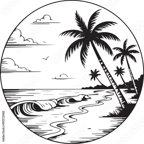 A circular black and white illustration portrays palm trees on a beach with a breaking ocean wave