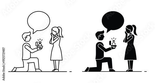 Illustration of a man proposing to a woman with an engagement ring box