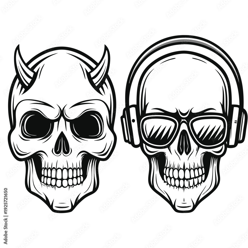 Fototapeta premium Hand Drawn Style Illustration of Three Human Skulls in Monochrome Black and White