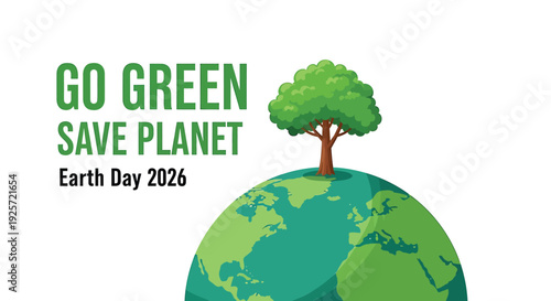 Earth Day icon with tree on green globe, GO GREEN SAVE PLANET