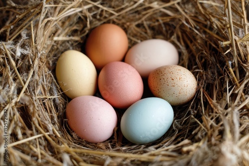 Colorful fresh eggs resting in rustic hay nest