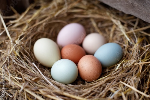 Freshly laid colorful chicken eggs in straw nest
