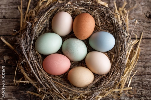 Fresh colorful eggs in rustic straw nest