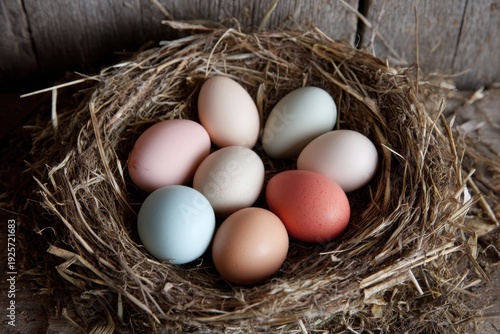 Natural colorful pastel farm eggs in rustic nest