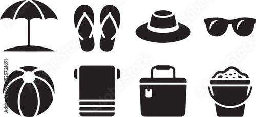 A collection of black silhouette icons representing various essential beach vacation accessories