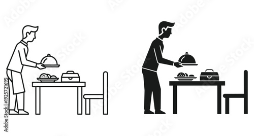 Professional server placing covered dish on a dining table with plates and chair